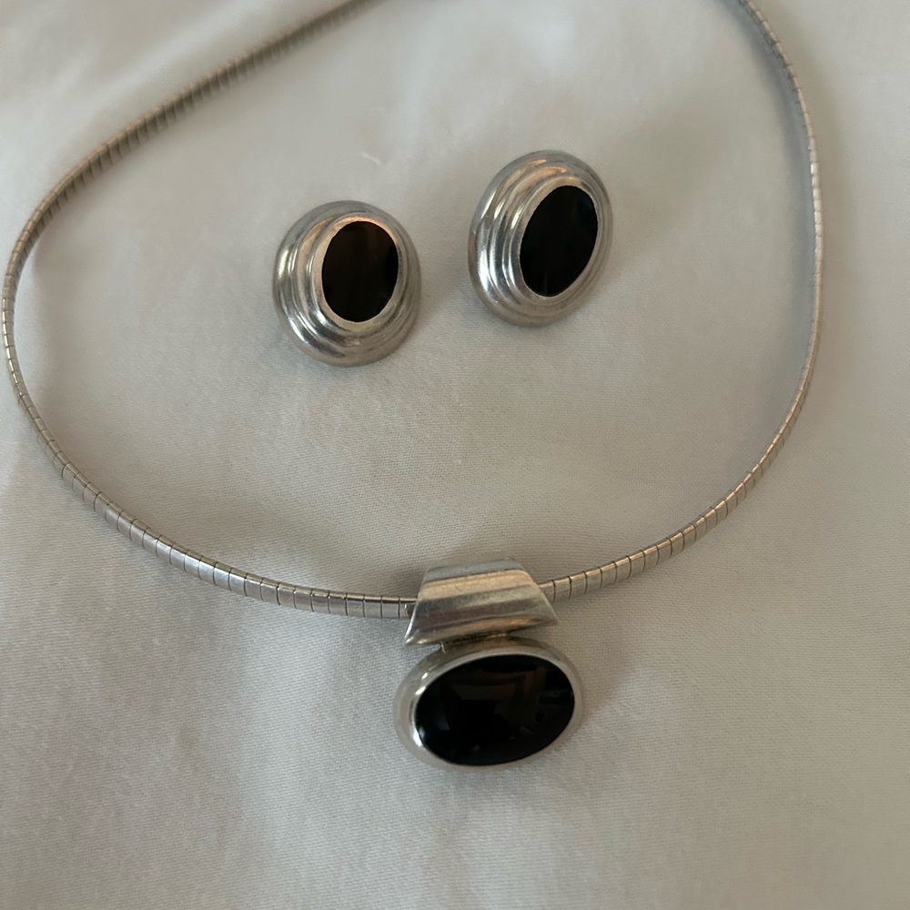 Stamped sterling silver and black onyx pendant on SS 16” chocked style necklace
